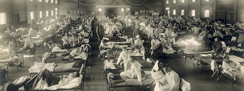 Hundreds of people being cured in an emergency hospital created to battle Spanish Influenza (1918)
