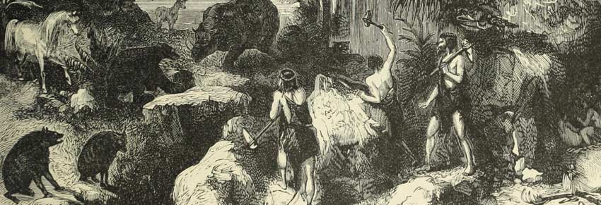 Drawing showing prehistoric hunters and animals in the background, in a natural scene - 1882