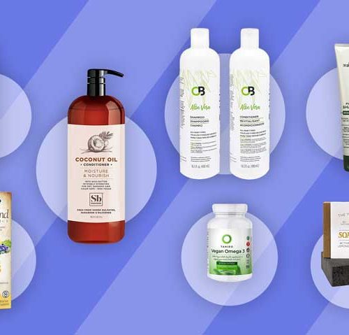 Illustration showing 7 different vegan hair products for psoriasis