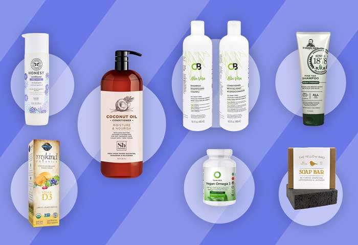 Illustration showing 7 different vegan hair products for psoriasis