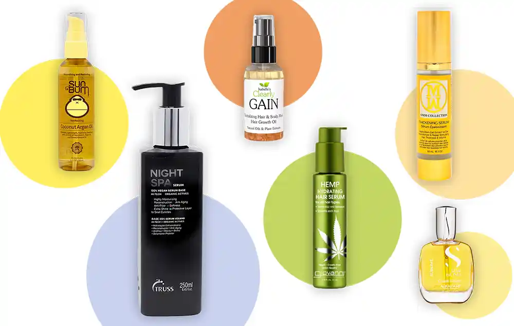 Photomontage showing different vegan hair serums lying on big colored dots