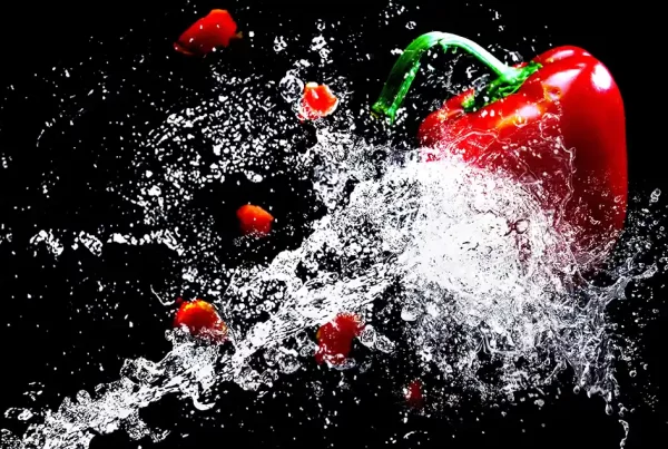 A Red Pepper in Motion Shoot Out by a Stream of Water symbolizing The Power of Vegan Hair Products