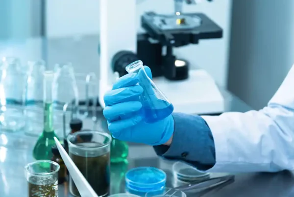 Laboratory technician handling a graduated flask with a blue liquid in it, looking like they are doing an experiment