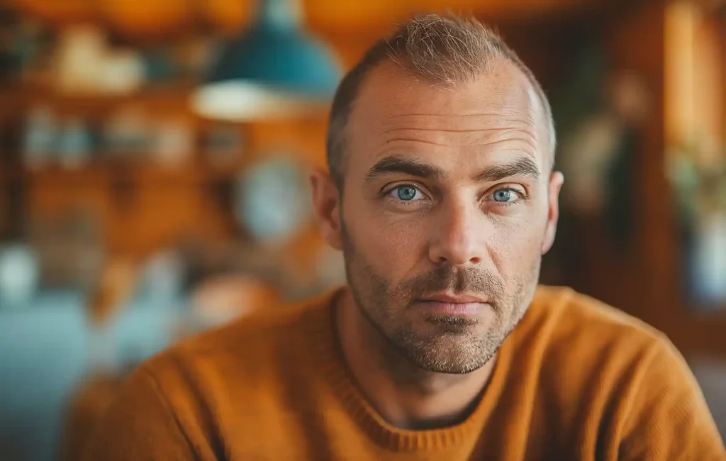 A man suffering from mild male pattern baldness with blue eyes and a short beard, wearing a mustard sweater, gazes intently at the camera in a room with warm, blurred background lighting.
