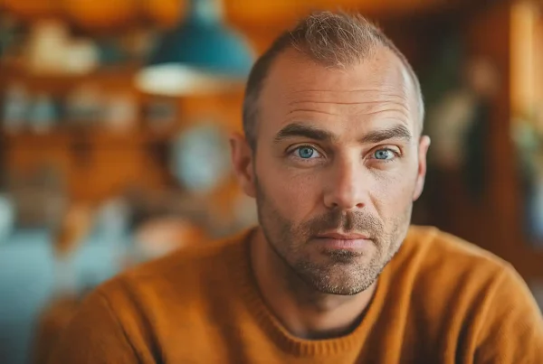 A man suffering from mild male pattern baldness with blue eyes and a short beard, wearing a mustard sweater, gazes intently at the camera in a room with warm, blurred background lighting.