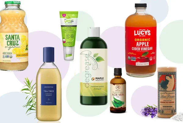 A photo montage showcasing 7 vegan hair products for oily hair on top of colorful, circular shapes