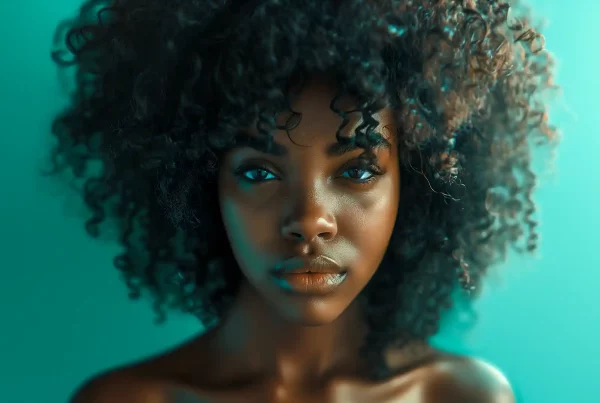 A close-up portrait of a young woman with voluminous, curly hair and a tranquil expression, framed by a soothing teal background that enhances her dark skin tone