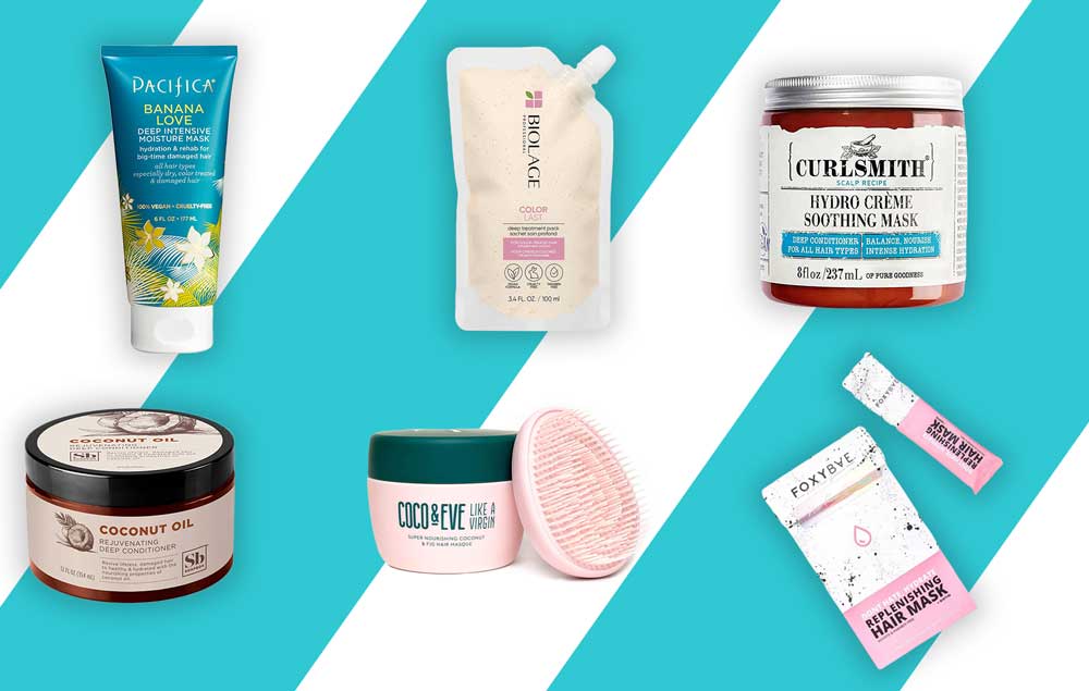 6 vegan deep conditioners presented on a white and blue background