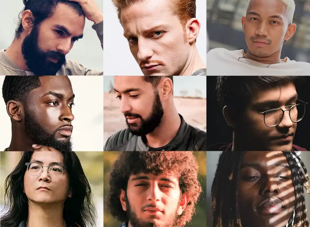 A mosaic of 9 different men portraits with different hair styles