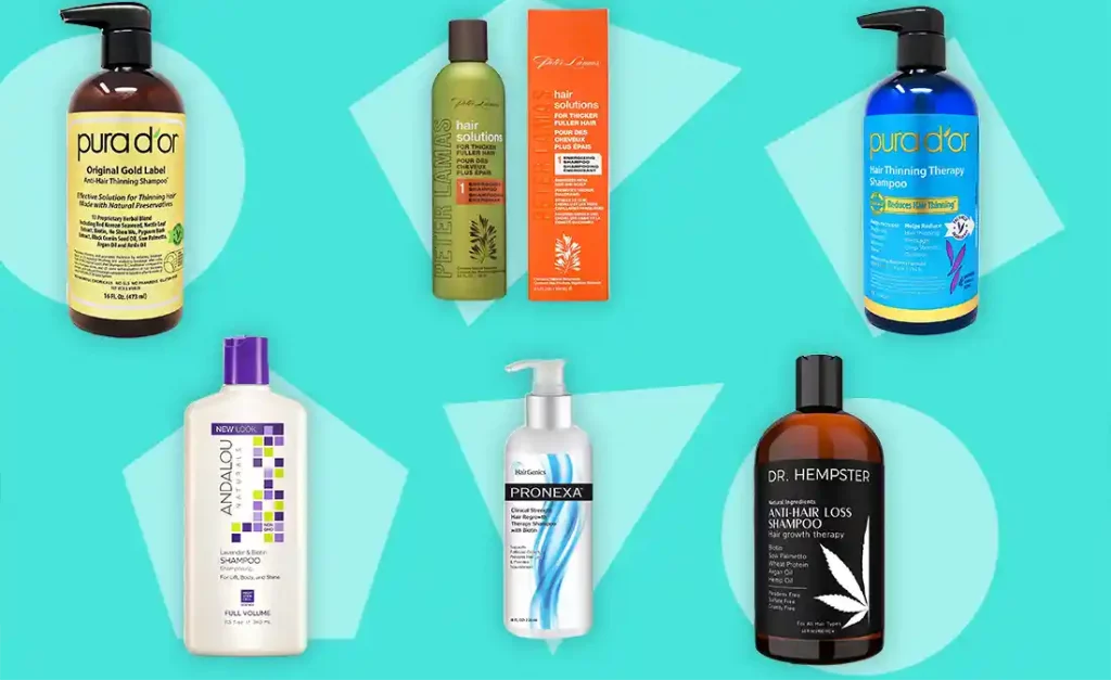 Photomontage showing different biotin hair products on a pastel blue-green background and different white-transparent shapes under each product