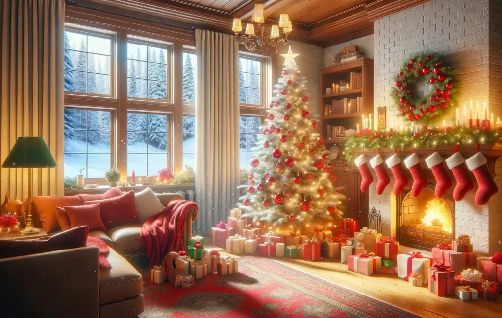 Image of a warm family living room at Christmas. The room is softly lit, with a modest tree adorned with red ornaments and white lights. Festively wrapped gifts sit beneath the tree, and red stockings hang above a cozy fireplace. A window in the background reveals a snowy landscape, contrasting with the room's inviting warmth. The scene captures a joyful, cozy Christmas atmosphere.