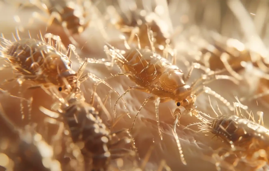 Close-up view of head lice on hair strands, showcasing the detailed anatomy of the parasites with their translucent brown bodies and numerous legs gripping the hair.