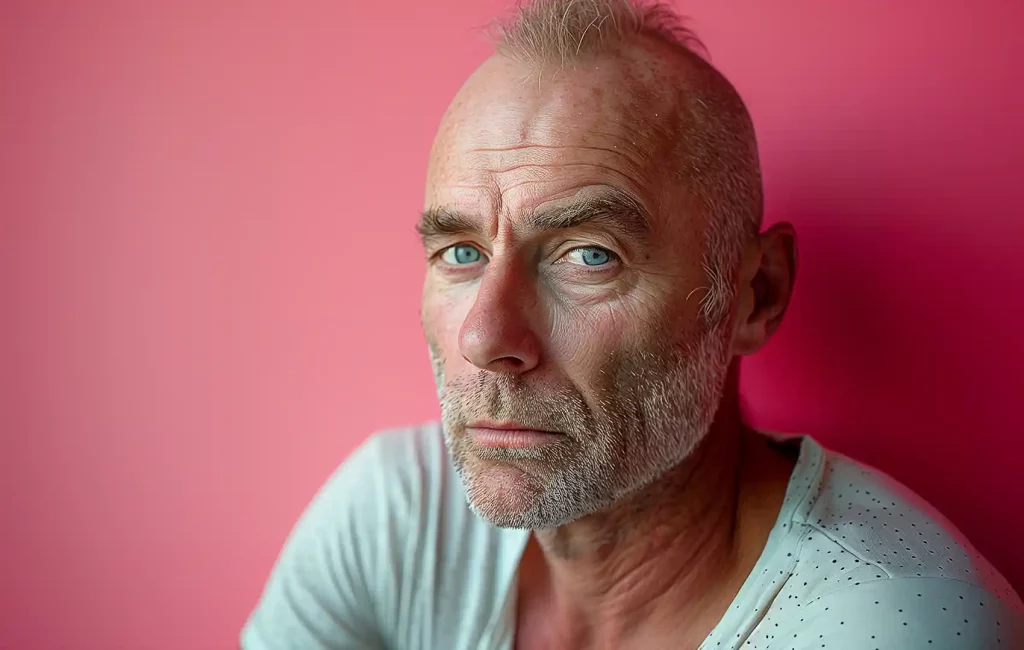 A portrait of a middle-aged man with a thoughtful expression, featuring short greying hair, visible signs of hair thinning, and a neat beard. He is wearing a white dotted t-shirt and is set against a vivid pink background