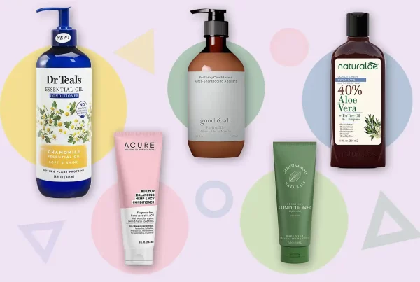 A photo montage showcasing 5 vegan conditioners on top of colorful, geometrical shapes