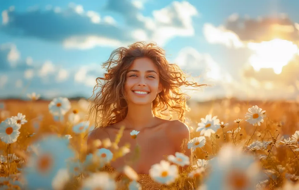 Photo of a joyful woman with long, curly hair, sitting in a sunlit field of daisies. She is smiling brightly, surrounded by the golden hues of the flowers and the soft blue sky with white clouds overhead. The sun creates a warm, glowing backdrop, enhancing the serene and happy expression on her face.
