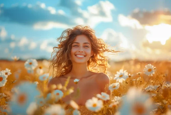 Photo of a joyful woman with long, curly hair, sitting in a sunlit field of daisies. She is smiling brightly, surrounded by the golden hues of the flowers and the soft blue sky with white clouds overhead. The sun creates a warm, glowing backdrop, enhancing the serene and happy expression on her face.